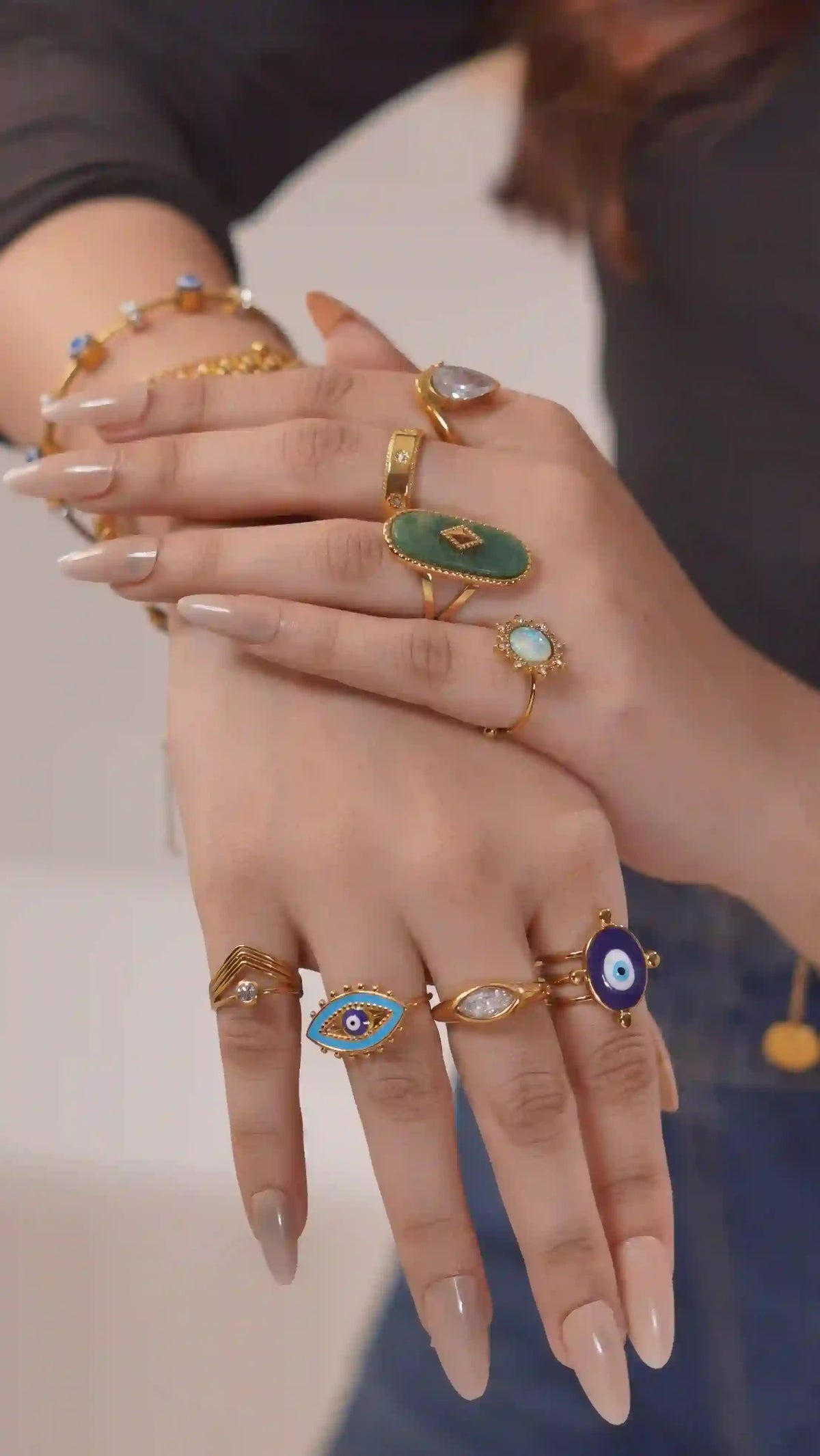 Waterproof Jewelry Pakistan - Hand SHowcasing Gold Plated Rings Shop Online at Mithra and Co Official.