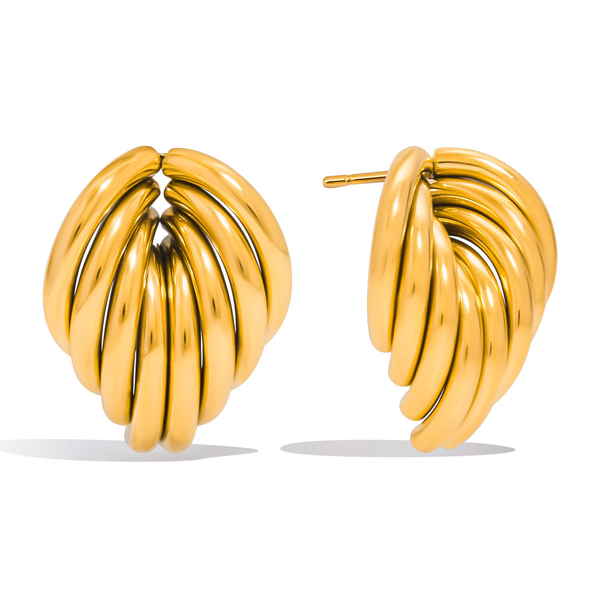 Jawra Studs - Gold Tiered Ribbon leaf-shaped earrings on a white background