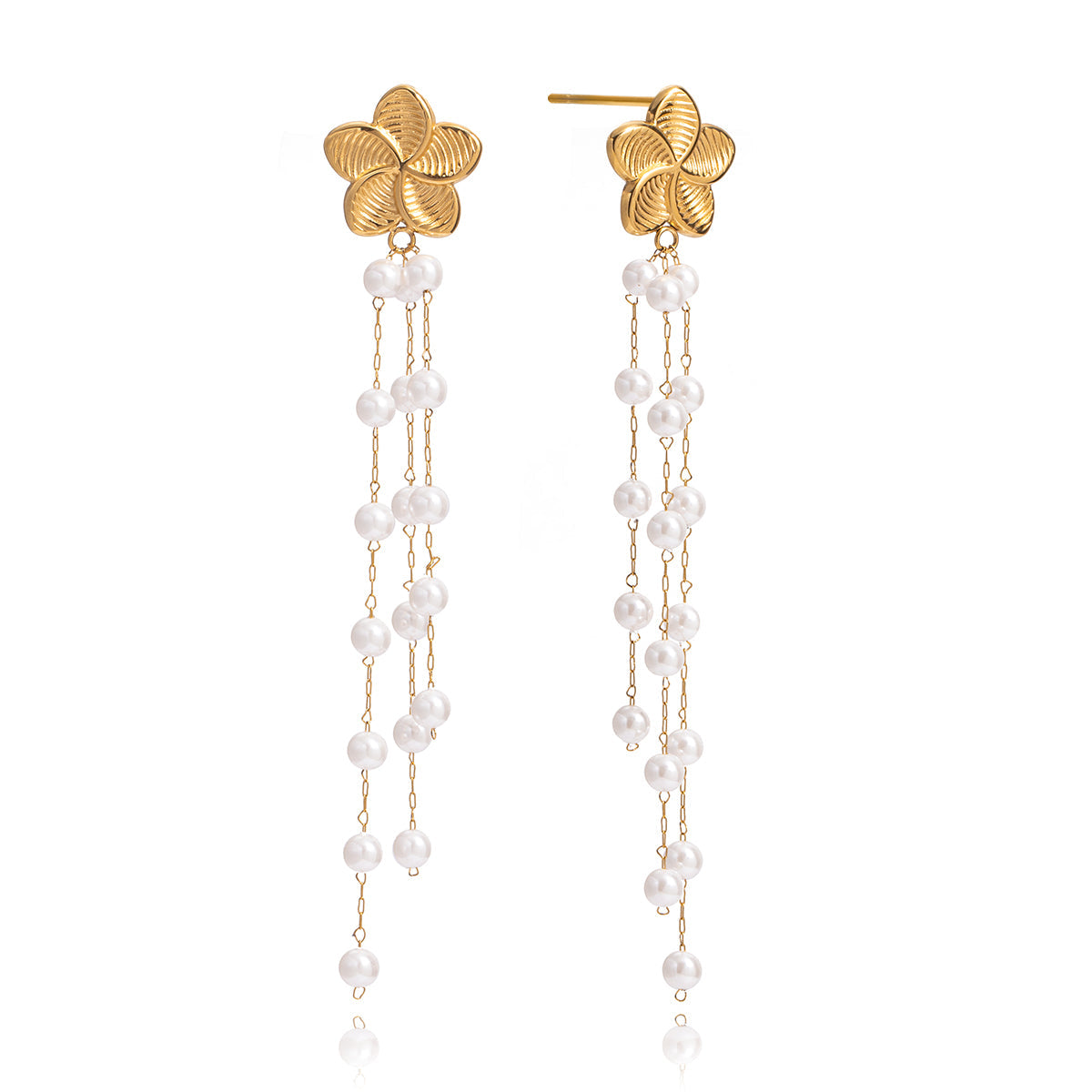 Starfish Pearl Earrings - Gold flower stud earrings with pearl strands on a white background