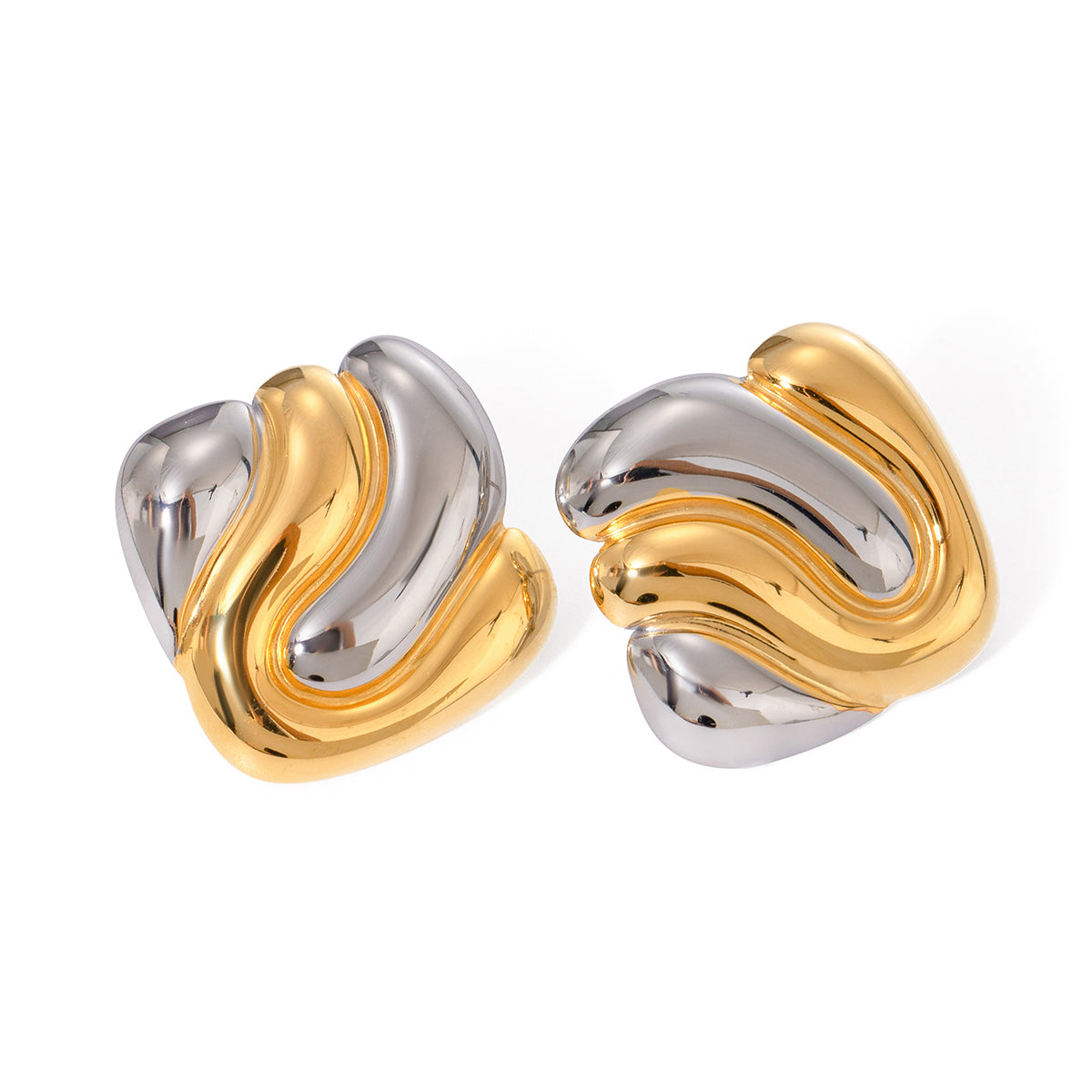 Volvo Studs -pair of gold and silver plated liquid metal interlock square knot design earrings on a white background