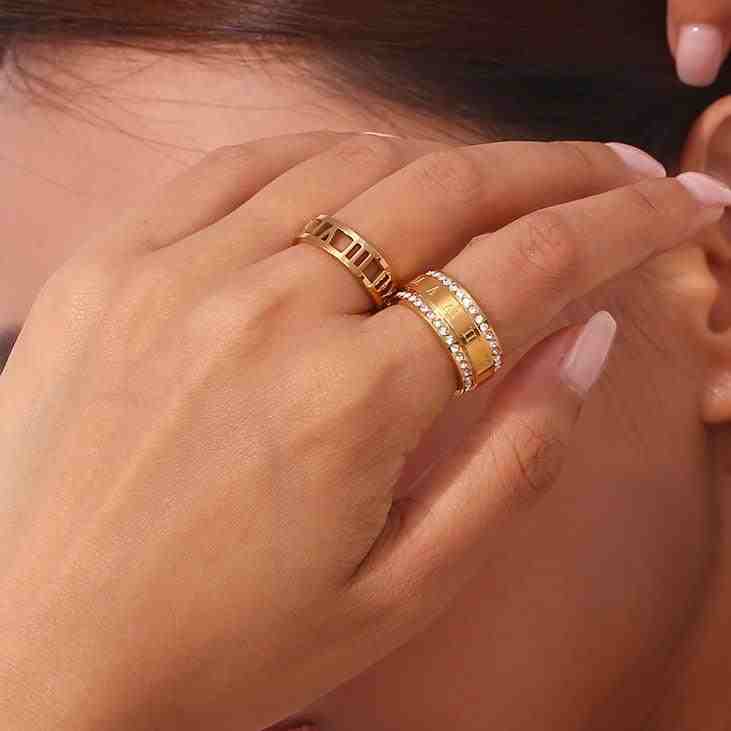 Girl Wearing 18k Gold Plated Ring Band. Shop at Mithra and Co.