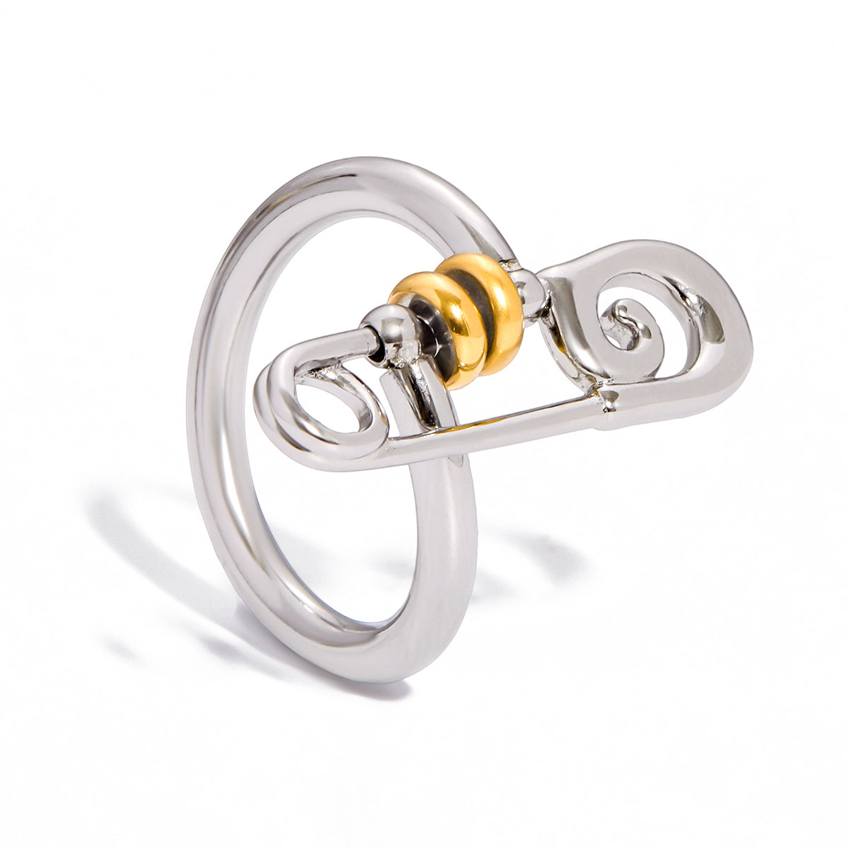 Silver finish ring with Safety pin design and a yellow gold plated center on a white background