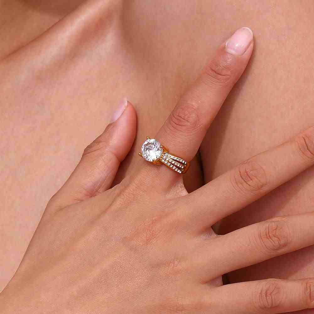 Wearing 18k Gold Plated Band. Buy Aurora Diamond Ring at Mithra and Co.