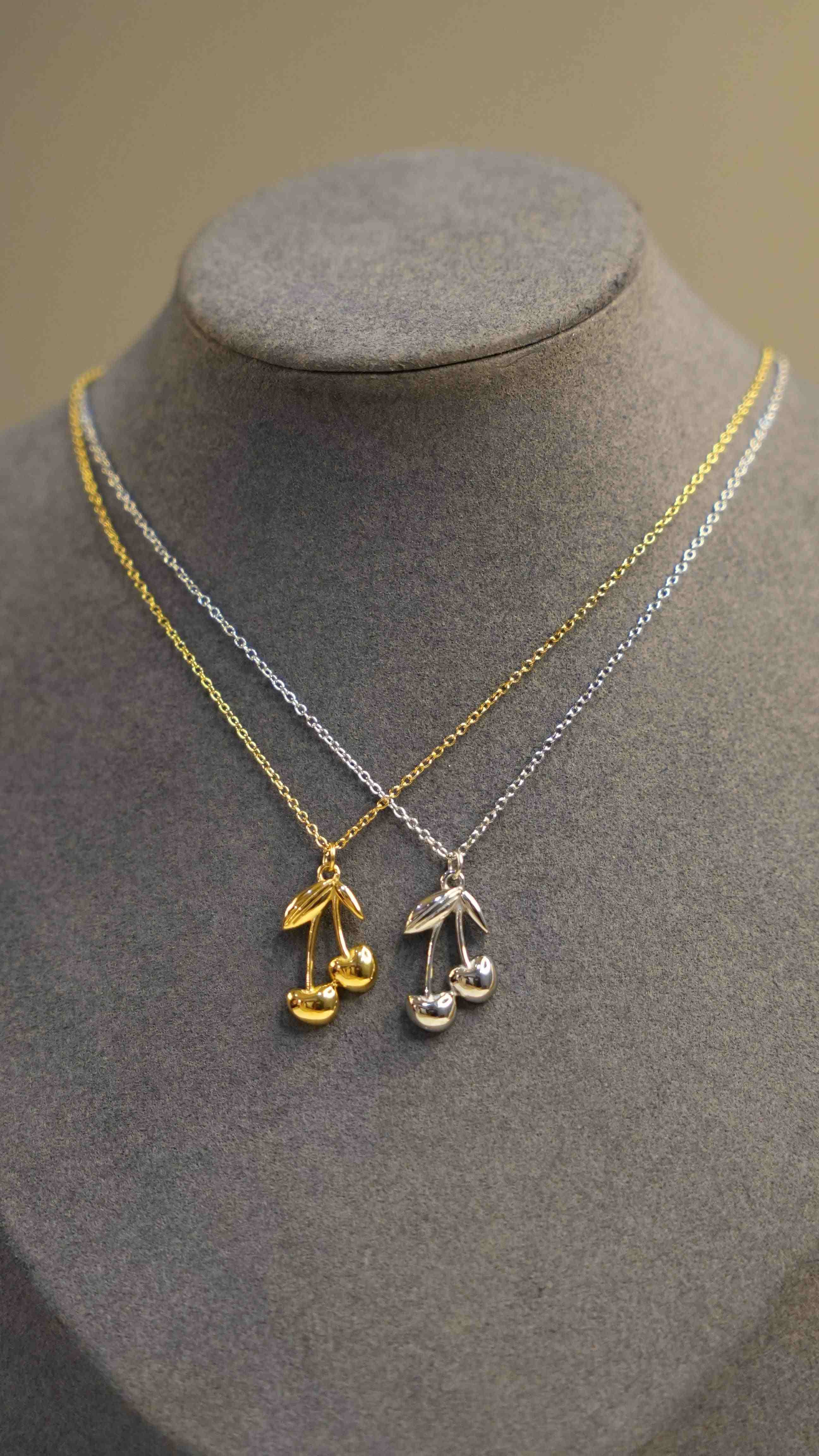 Dummy wearing 18k Gold and Silver Plated Cherry Necklace. Buy Now.