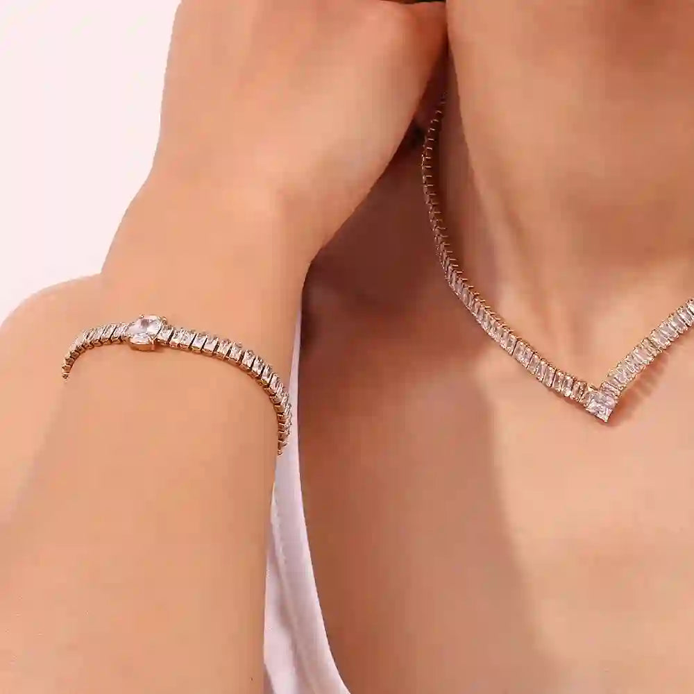 Girl wearing Gold Plated Waterproof necklace. Buy now at Mithra and Co.