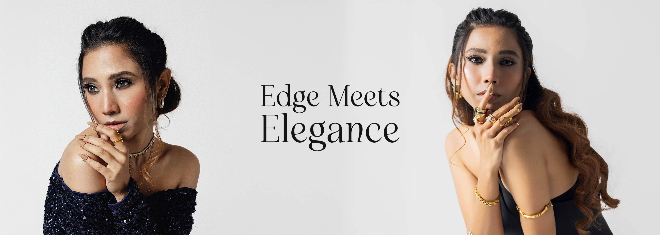 Two women posing with 18k Gp jewelry against a white background, featuring the text 'Edge Meets Elegance'.