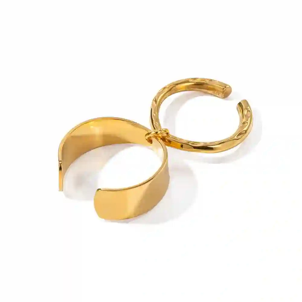 Studio Shot of Cistern ring. An 18k gold plated Dual hoop buckle interlinked design Band Ring.