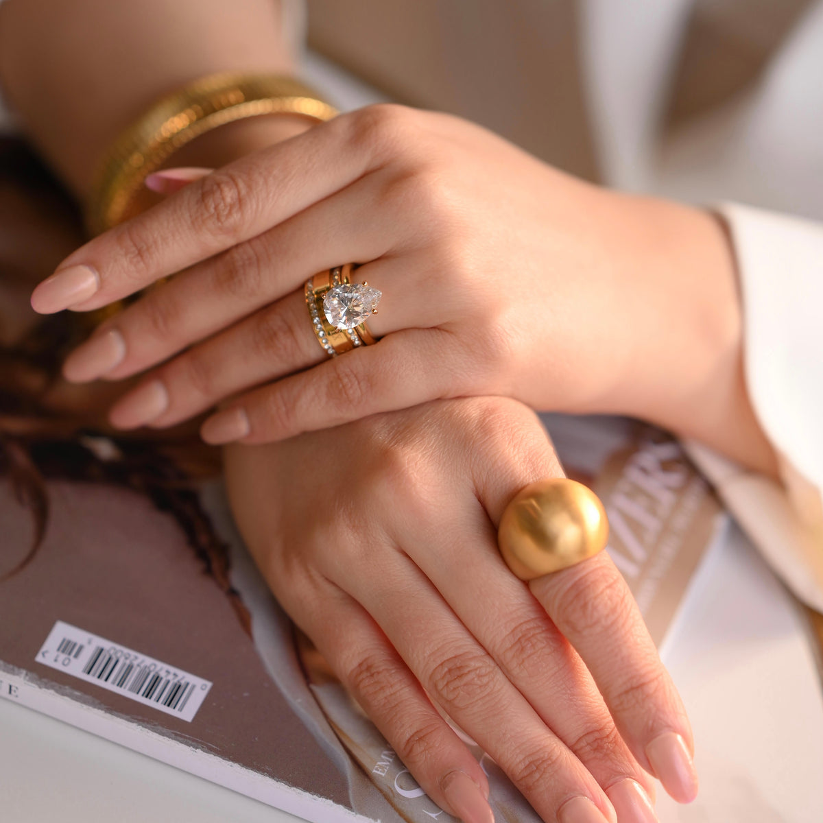 Girl wearing 18k Gold plated Dune Ring. Sculptural Dome design band. Shop Online - Mithra and Co