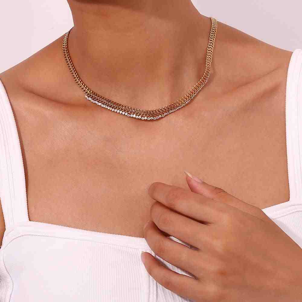 Girl wearing 18k Gold Plated Garland Neckchain - Shop Multi-Strand Gold Chain With Zircon Lace at Mithra and Co.