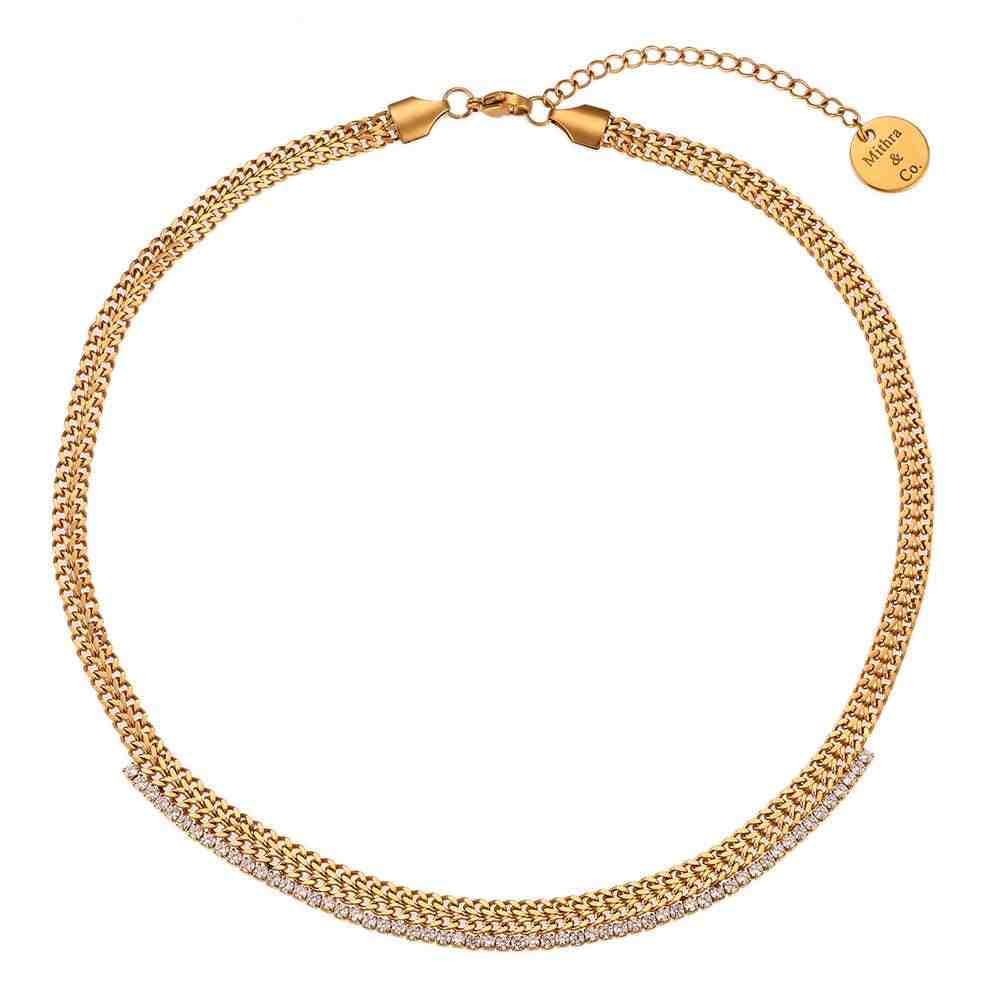Studio shot of Garland - 18k Gold Plated Multi-Strand Chain Necklace With Zircon Lace. Shop Online at Mithra and Co.