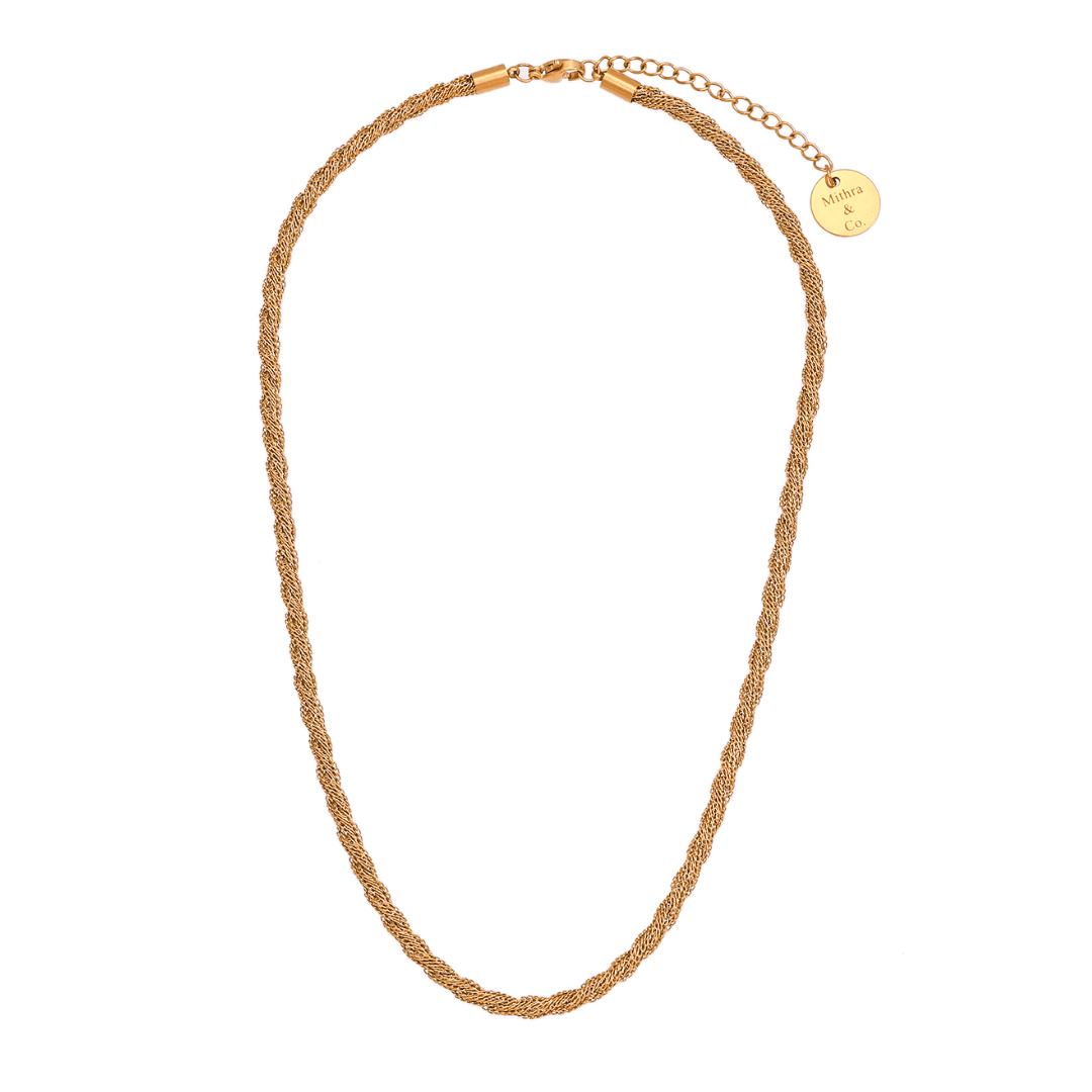 Studio shot of Harper twisted rope chain necklace wtih Engraved "Mithra & Co." Tag. Shop online.