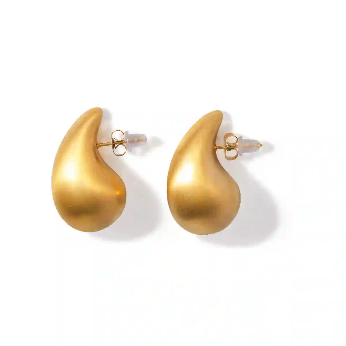 Studio shot of 18k Gold Plated Brushed Matte Teardrop Contour Earrings - Hotte Matte. Shop online at Mithra and Co.