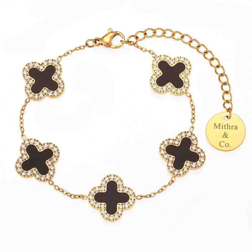 Waterproof 18k Gold plated 5 black Clover Midnight Bracelet - Mithra and Co.