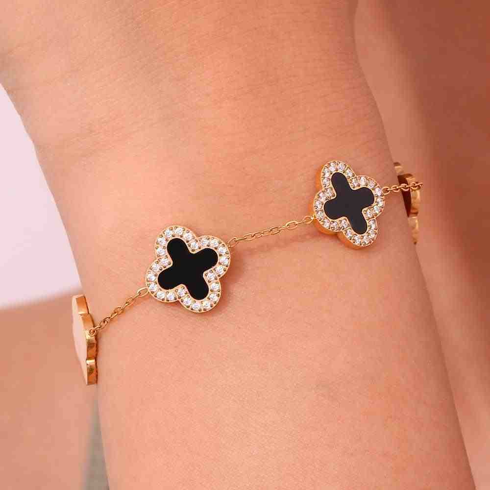 Hand Wearing Waterproof 18k Gold plated Midnight Black Clover Bracelet - Mithra and Co.