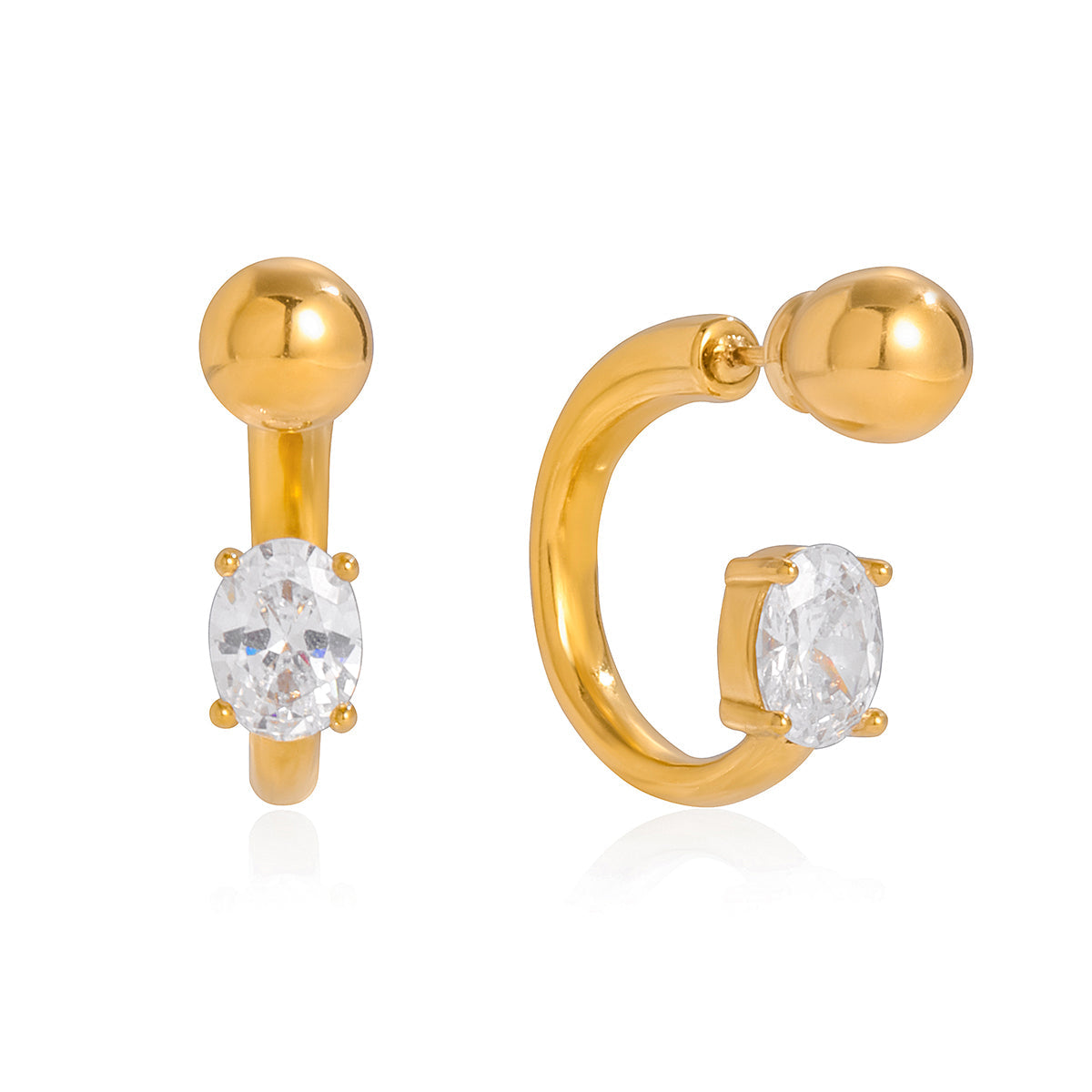 Soleil G-Shape Gold Hoop Huggie Earrings with Oval Zircon Crystal