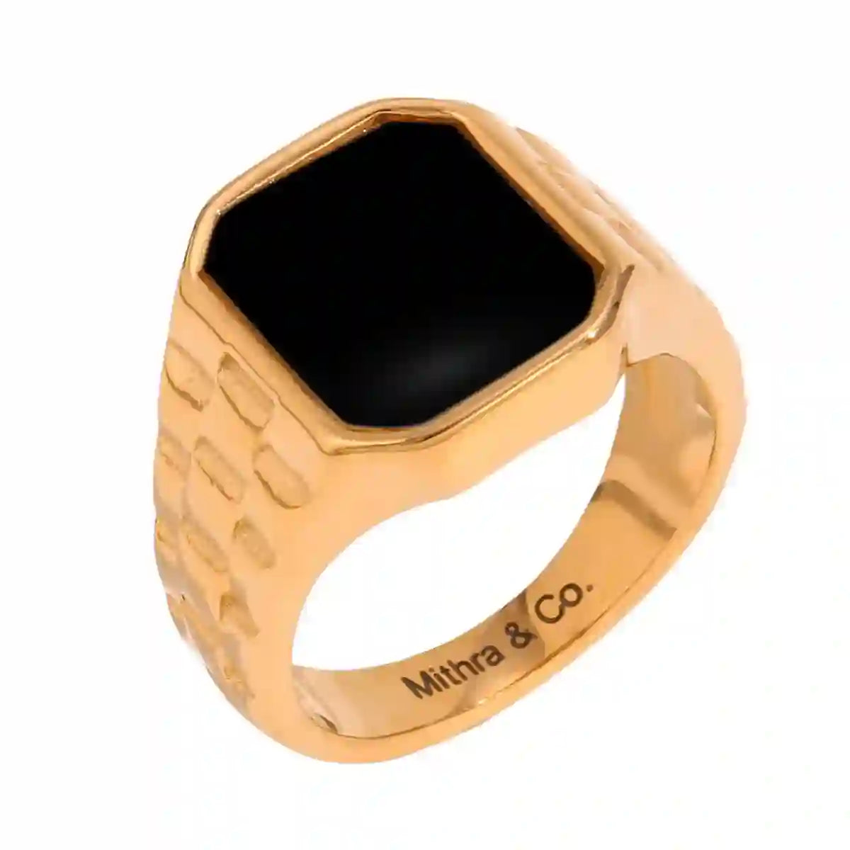 Studio shot of 18k Gold Plated WatchBand Ring. Malachite Black. Shop at Mithra and Co.