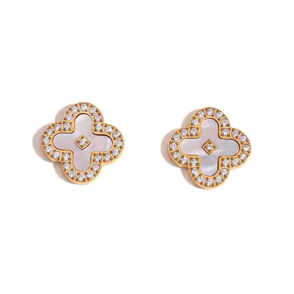 Studio Shot of 18k Gold Plated Opal Clover Studs - White Clover Opal Earrings with Pavé-Bordered Zircons.
