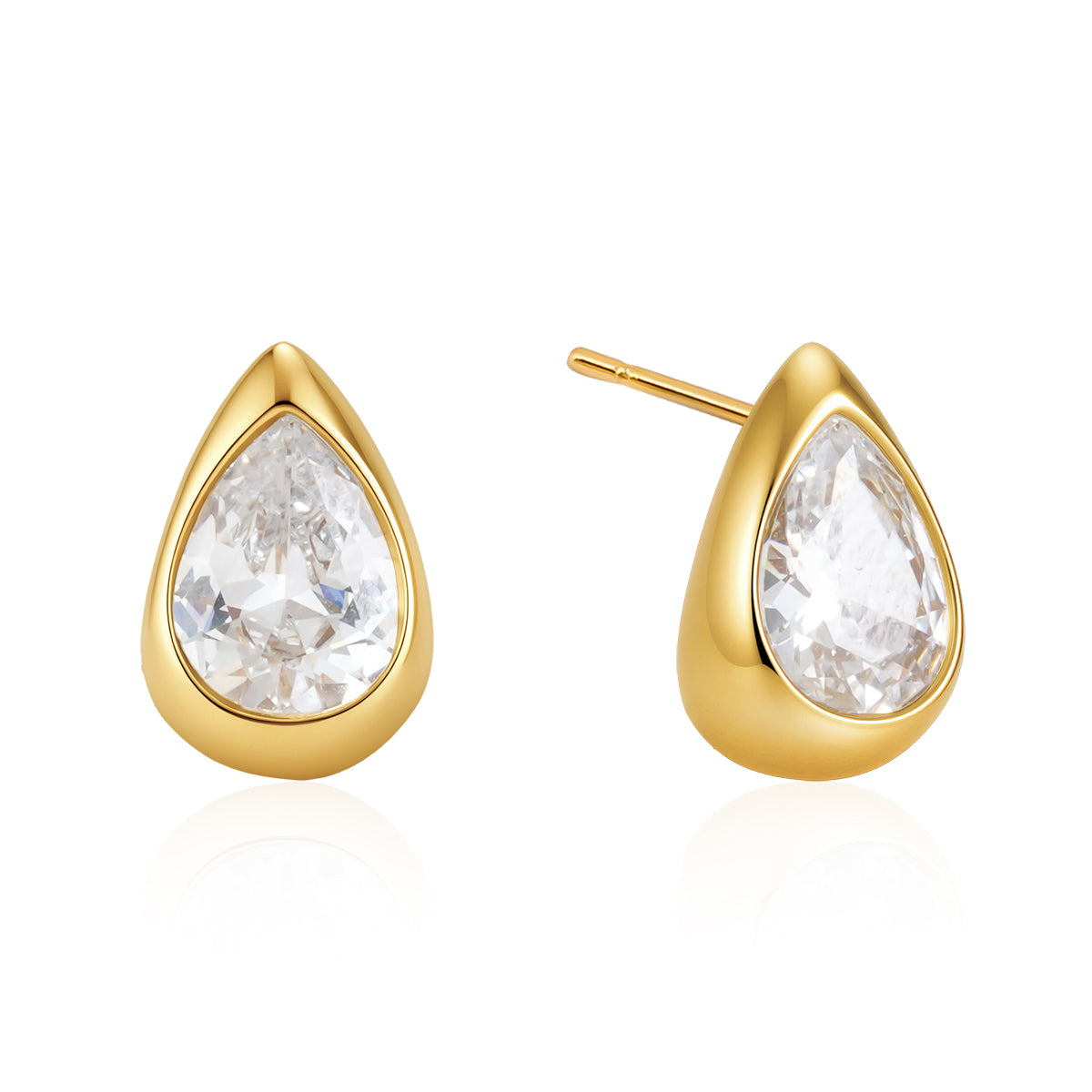 A pair of gold teardrop stud earrings with clear teardrop-cut gemstones, shown on a white background with one earring facing forward and the other angled to show the post.