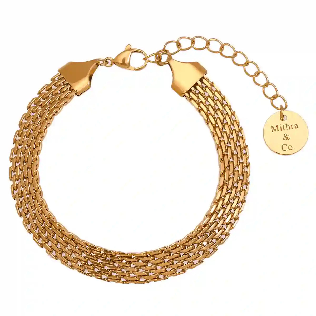Studio shot of 18K gold PVD Rowena bracelet, a hypoallergenic 316L steel Woven Mesh Bracelet for minimalist wristwear.