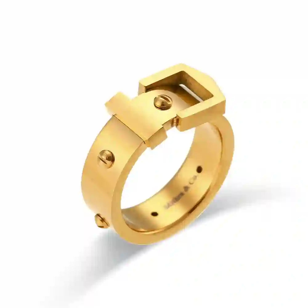 Studio Shot of Belt-Style Buckle Up Ring with Screw-Head Motif Architecture with Mithra & Co. engraved on the inner side.