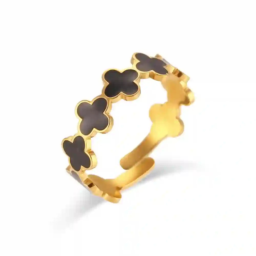 Studio shot of waterproof 18k Gold plated Clover Black Band with Adjustable Enamel Four-Leaf Clover Motif Architecture.
