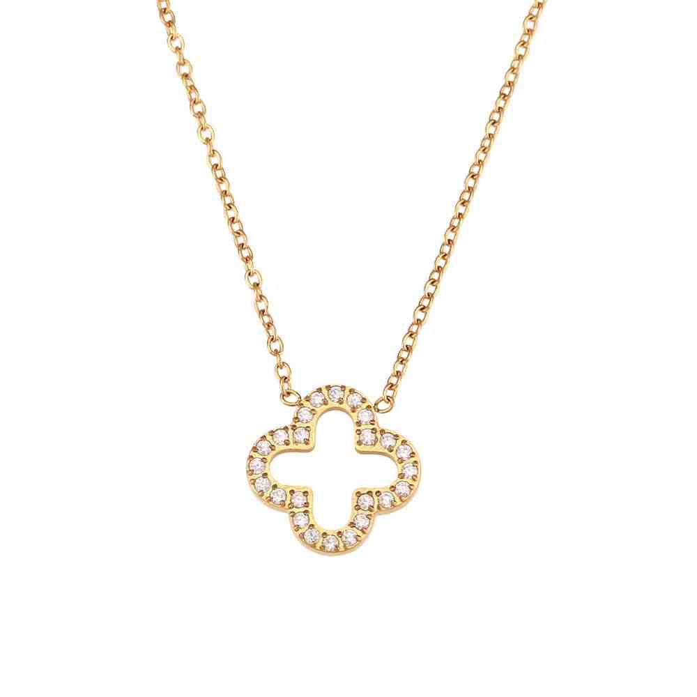 Studio shot of 18k Gold Plated Hollow Clover Studded necklace with Airy Open-Work Clover Shaped Pendant Architecture and Pave Zircon Layering.