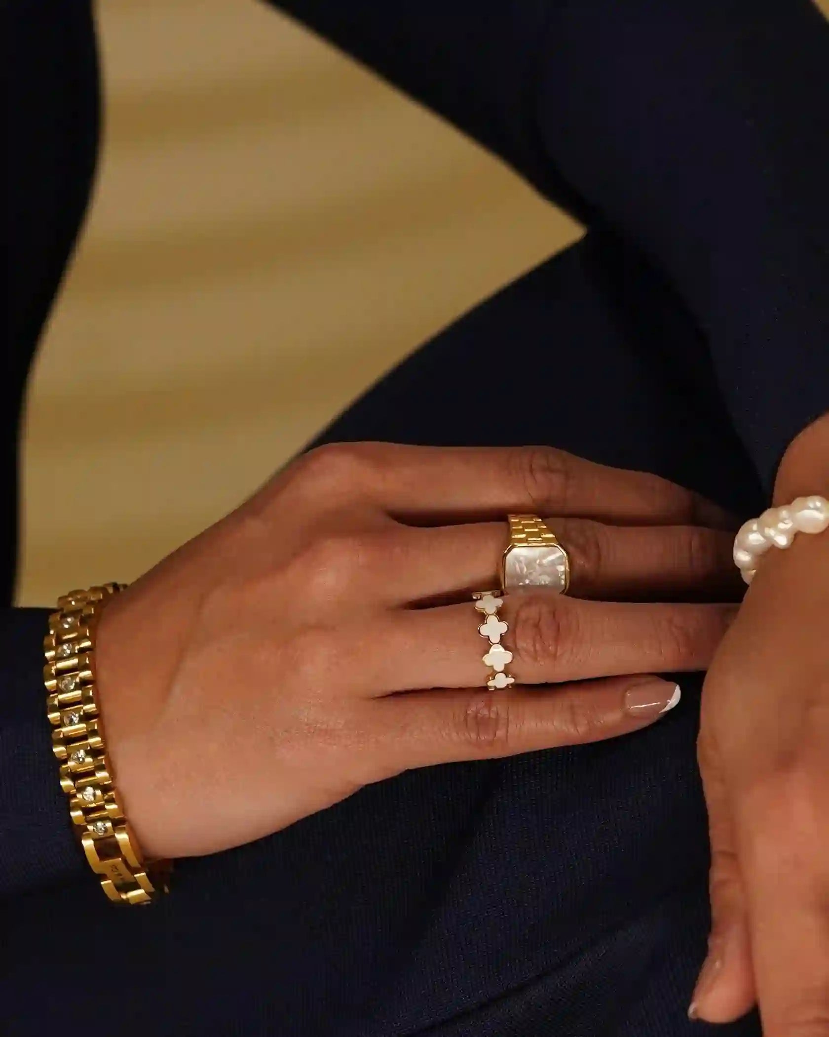 Buy Waterproof 18k Gold plated Clover White Band at Mithra and Co.