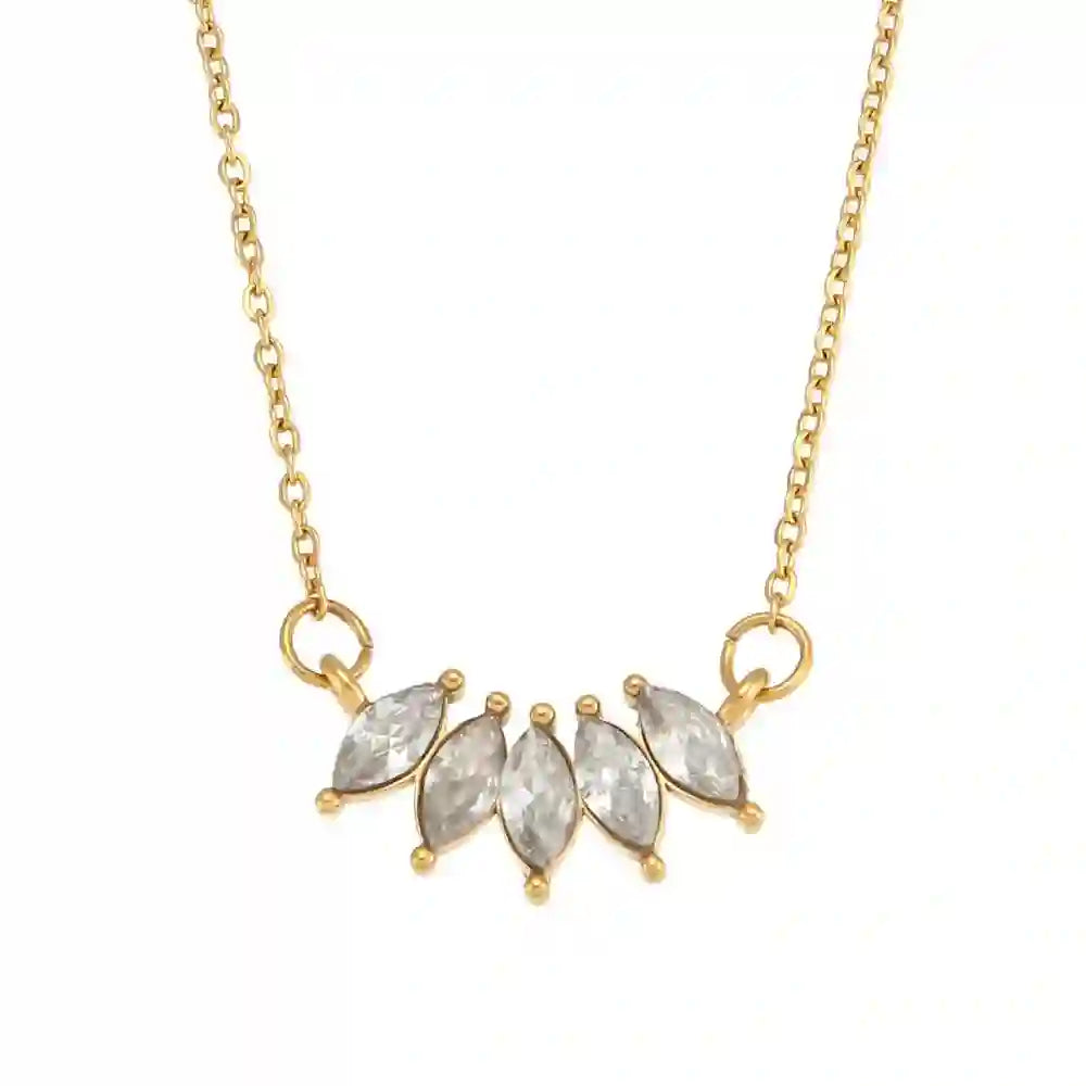 Gold necklace with four rhombus shaped zrcon gemstones on a white background