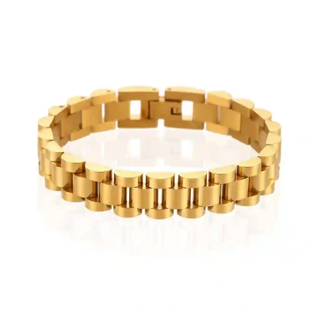 studio Shot of 18k Gold Plated men's Watch strap chain bracelet with polished rectangular and curved link segments.