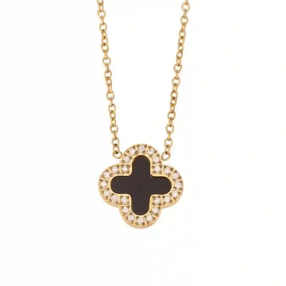 Midnight Clover Necklace 18k Gold plated with Zircons around and black stone in center and Onyx-Inlaid Floral Silhouette.