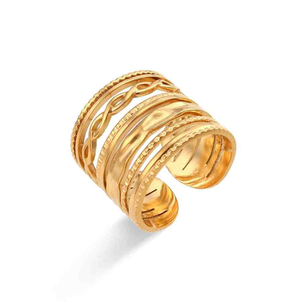 Studio shot of Salento Ring. An 18k Gold Plated multi-band open gold ring with textured and twisted designs.