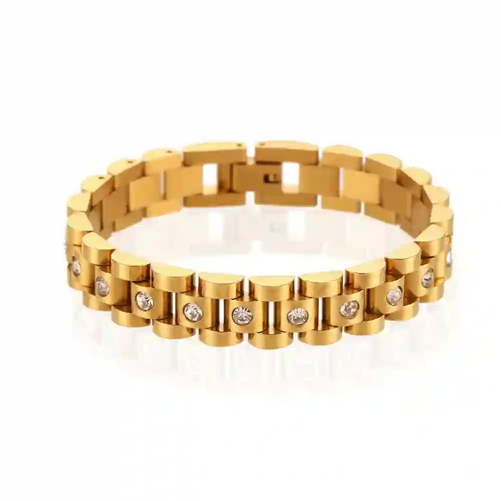 Studio shot 2 of Studded Michael Bold Bracelet. Gold plated watchband with embedded zircons on a white background