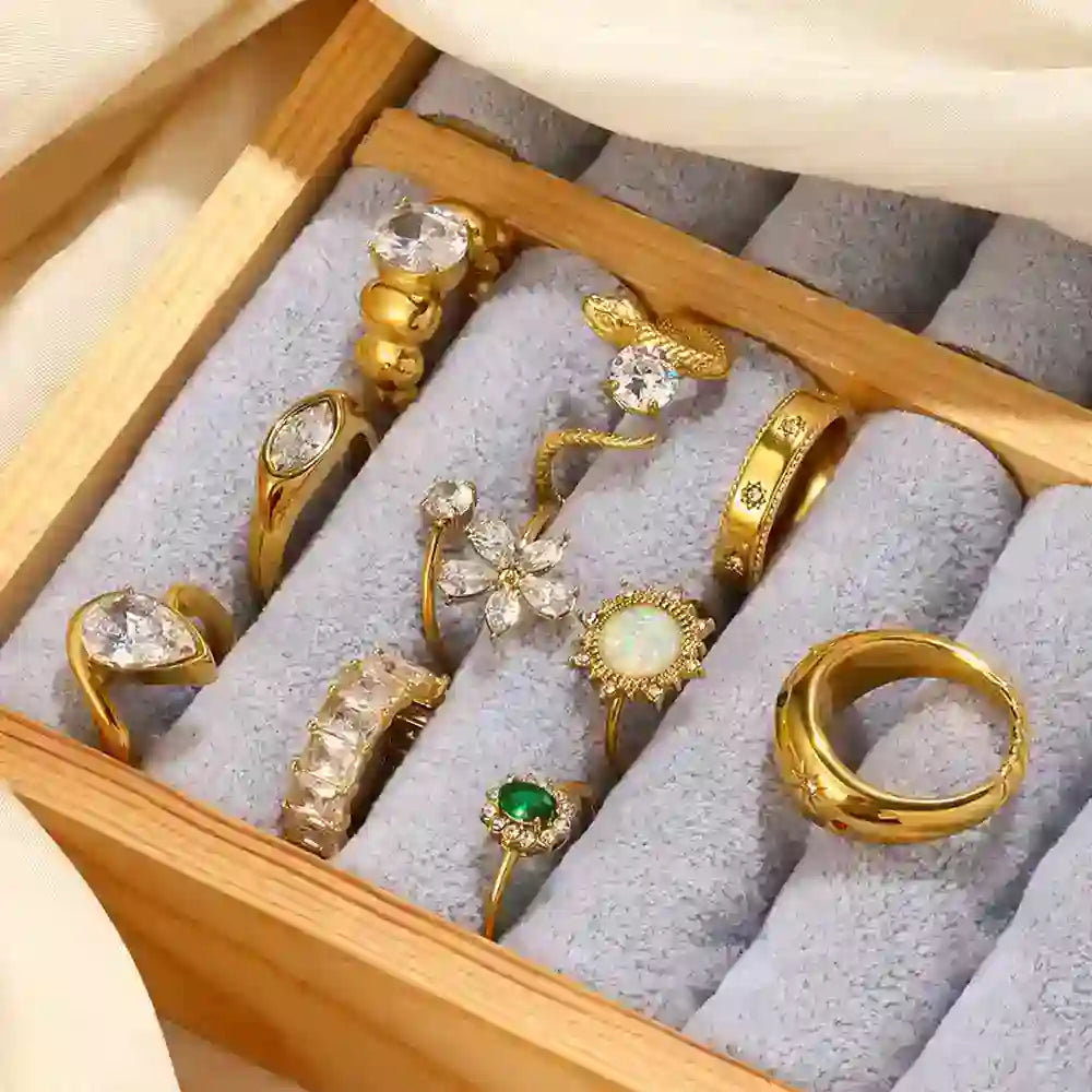 Jewelry Box Displaying Different Sized Gold Plated Rings