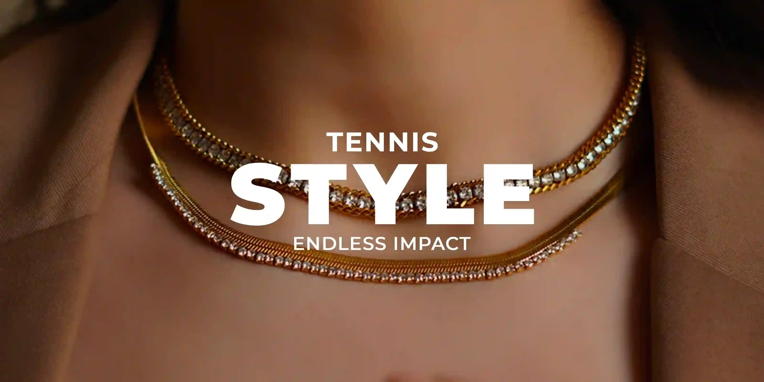 Woman wearing 18k Gold Plated tennis style layered necklaces with crystal accents