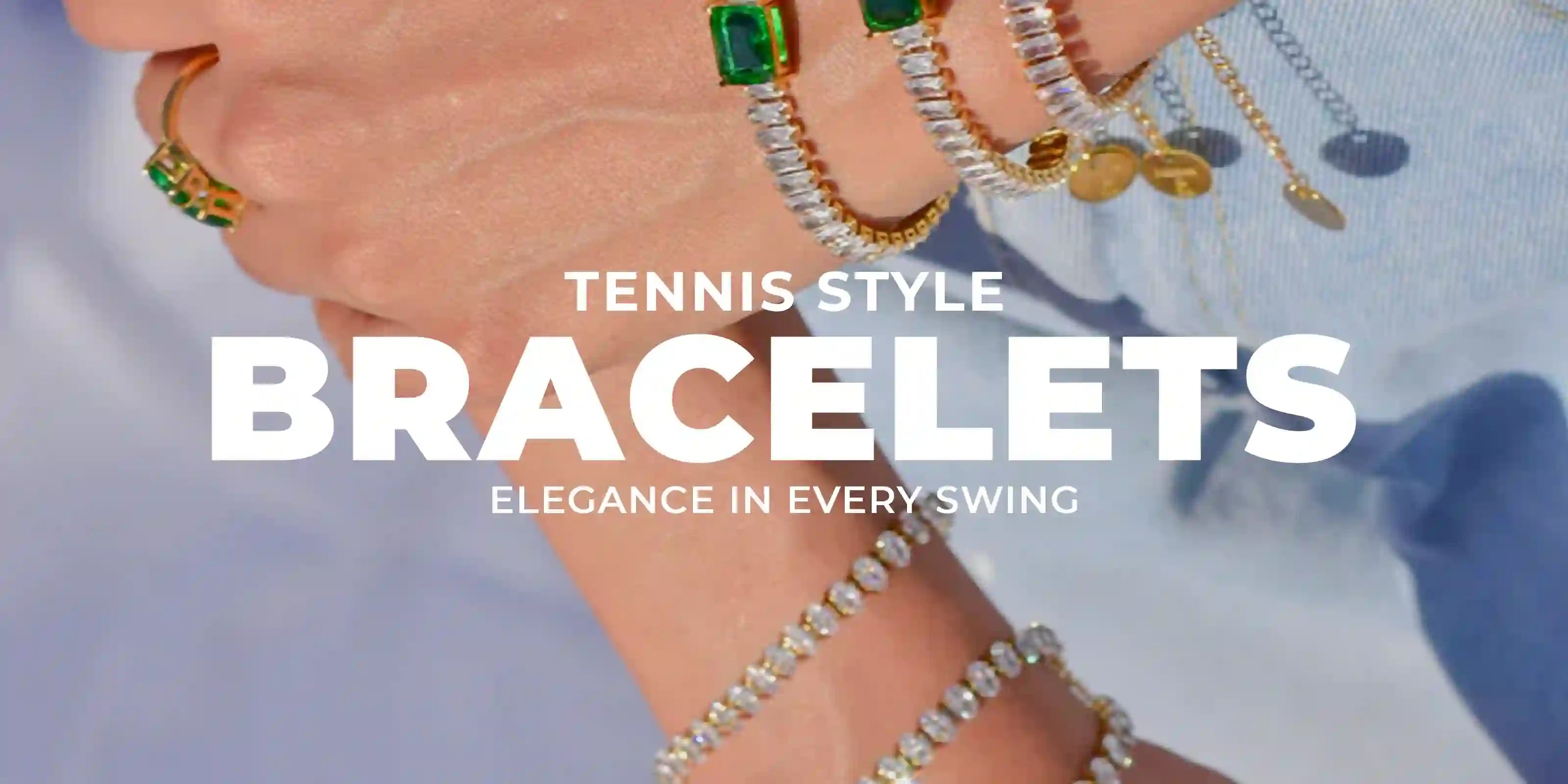 woman wearing 18k Gold Plated tennis style bracelets with green stones and crystals on wrist