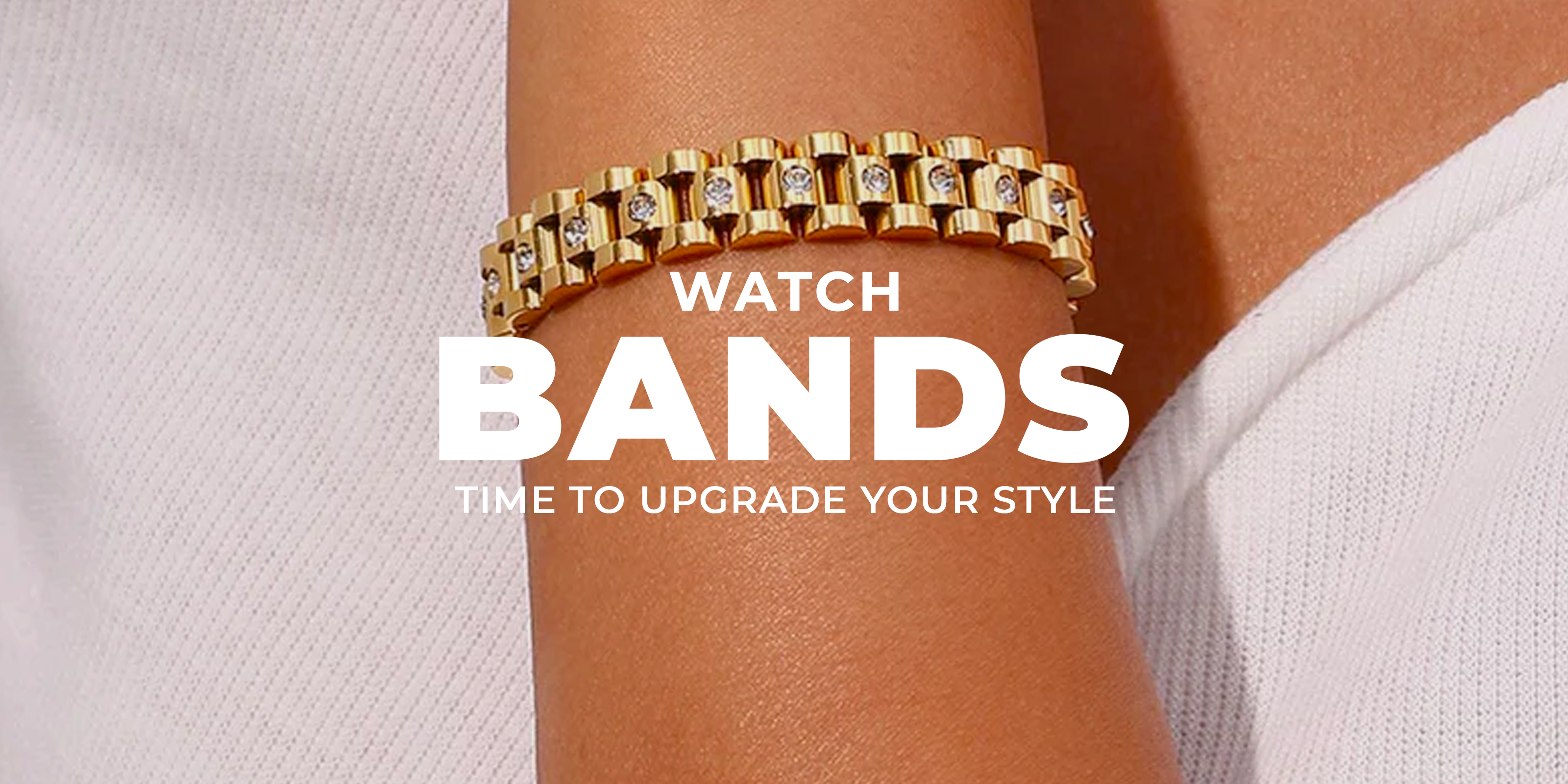 Hand wearing a studded Michael watchband with stylish text “Watch Bands Time To Upgrade Your Style.