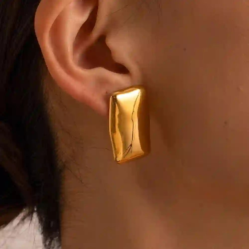 Wearing 18k Gold Plated Rectangular Stud Earrings - Pharaoh Gold Shop at Mithra and Co.