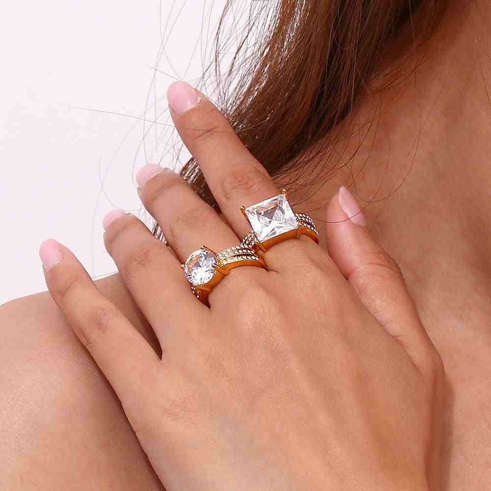 Girl Wearing 18k Gold Plated Bands. Buy Aurora Diamond Ring at Mithra and Co.