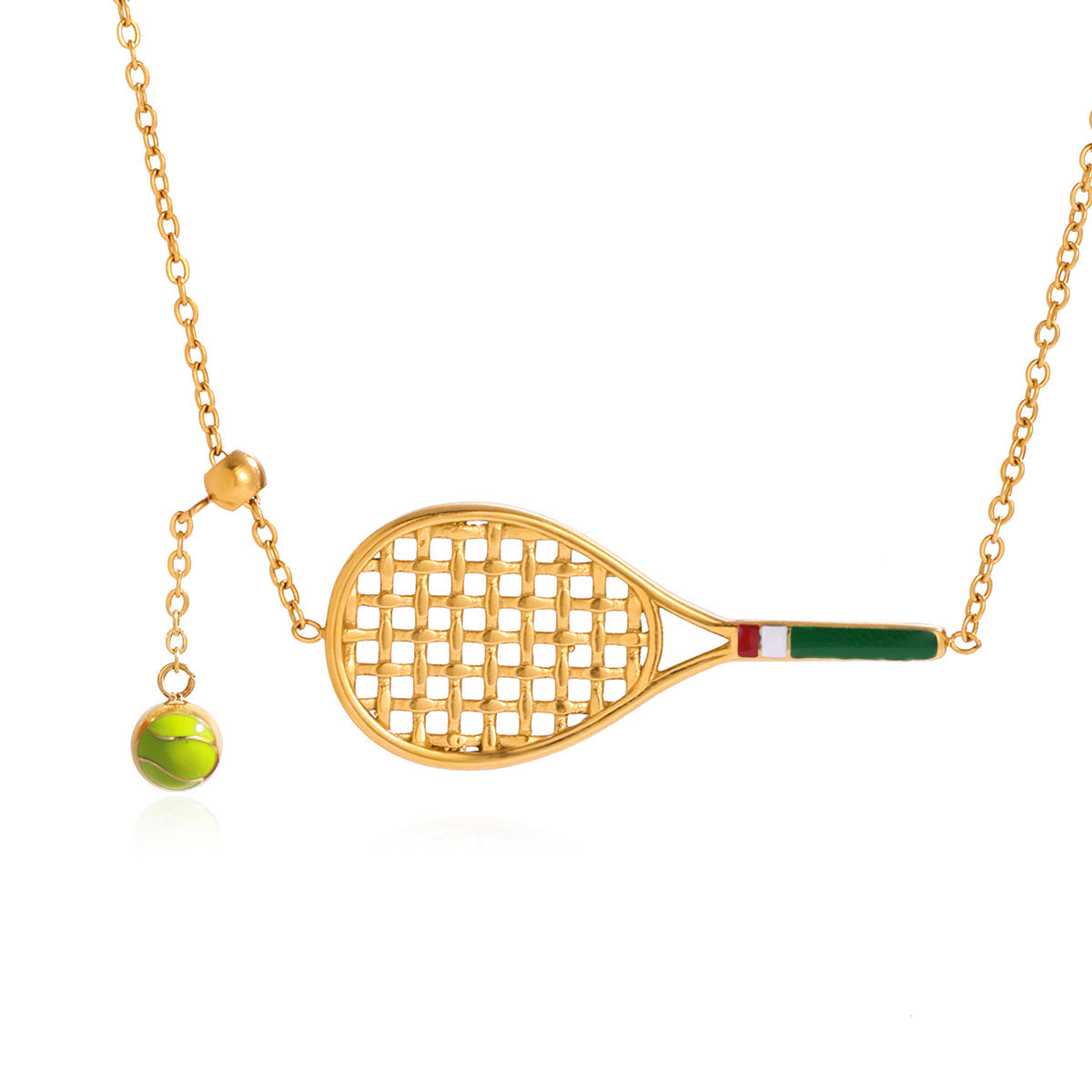 Gold finish tennis racket and ball pendant on a chain against a white background