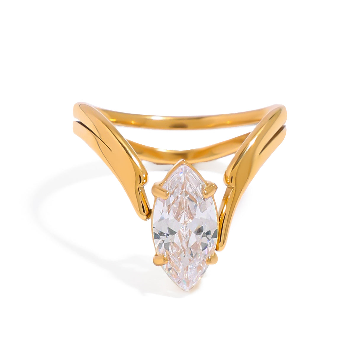 Gold ring with a marquise-shaped diamond on a white background