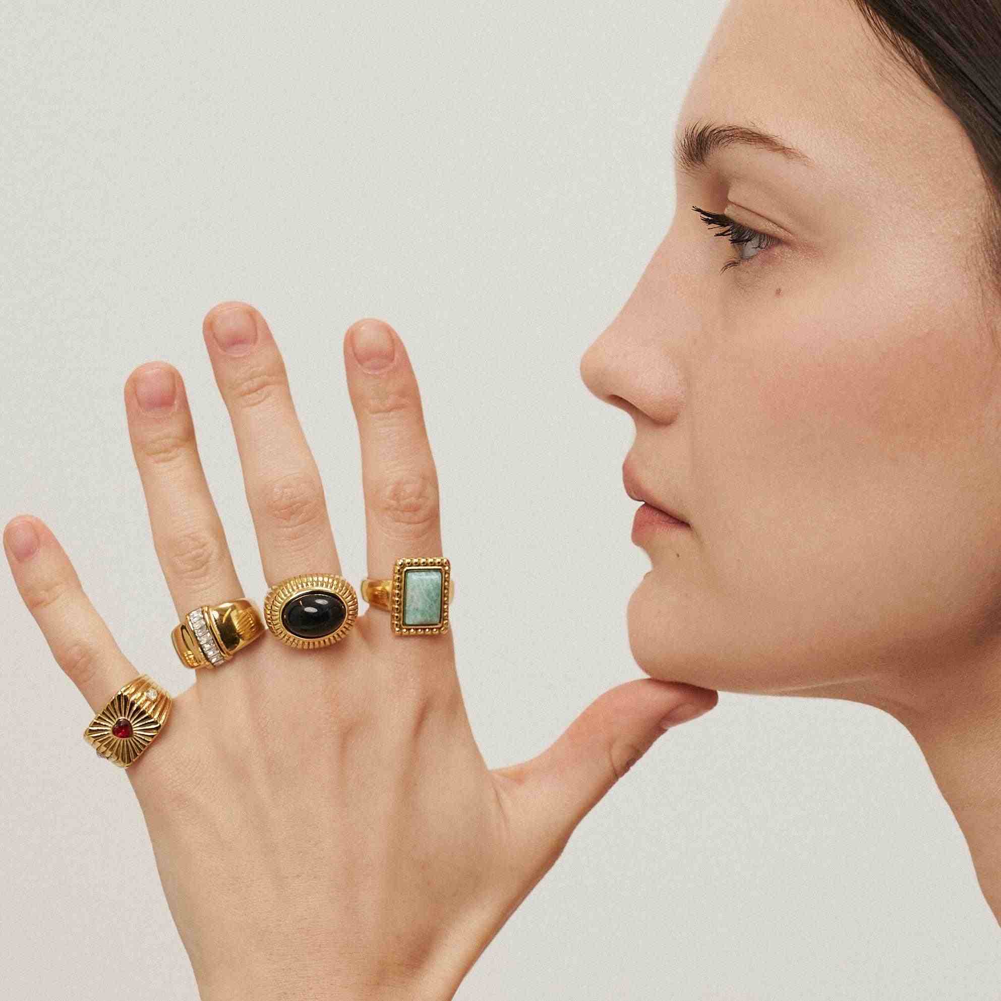 Girl wearing 18k Gold Plated Ring with Green Stone Amazonite. Buy at Mithra and Co.