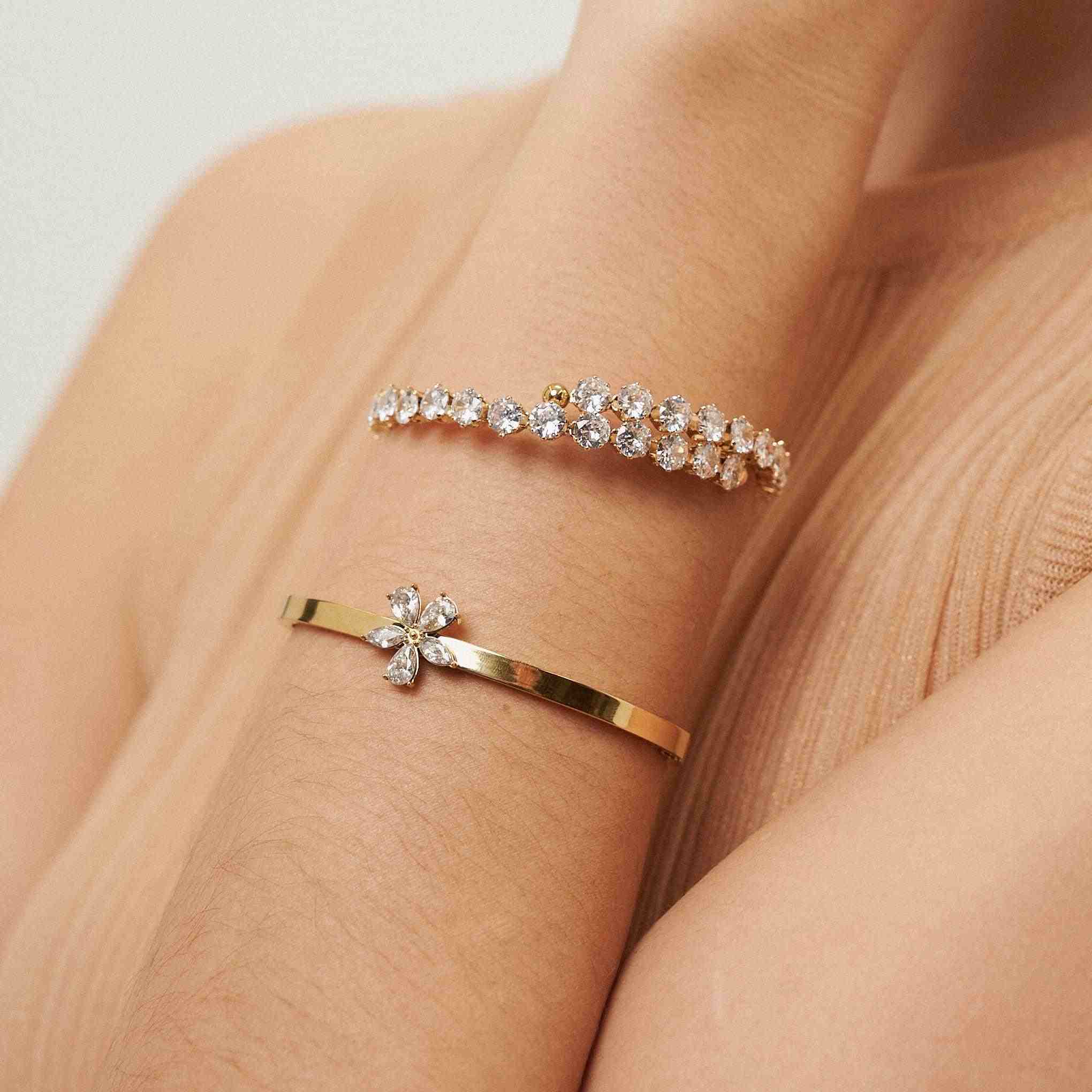 Wearing Radiant Allure Bangle - Buy 18k Gold Plated Adjustable Bracelet.