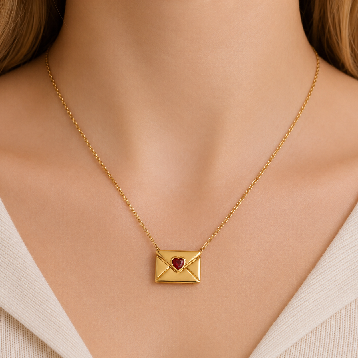 A gold chain necklace with a small envelope-shaped pendant featuring a red heart in the center, worn on a model's neck.