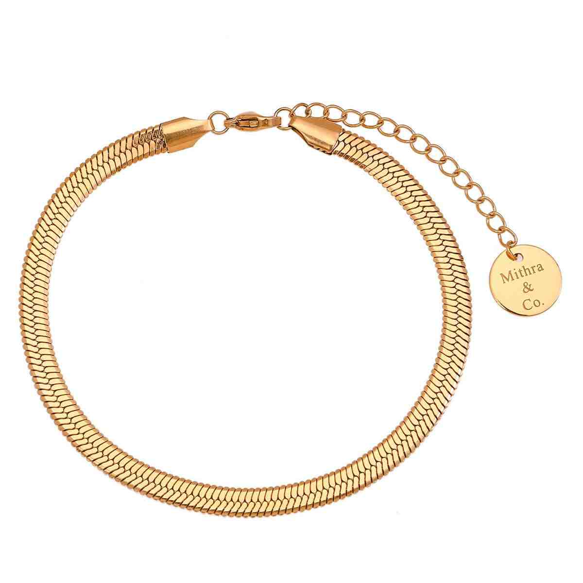18k Gold Plated sleek gold chain bracelet with adjustable clasp and Mithra & Co. charm