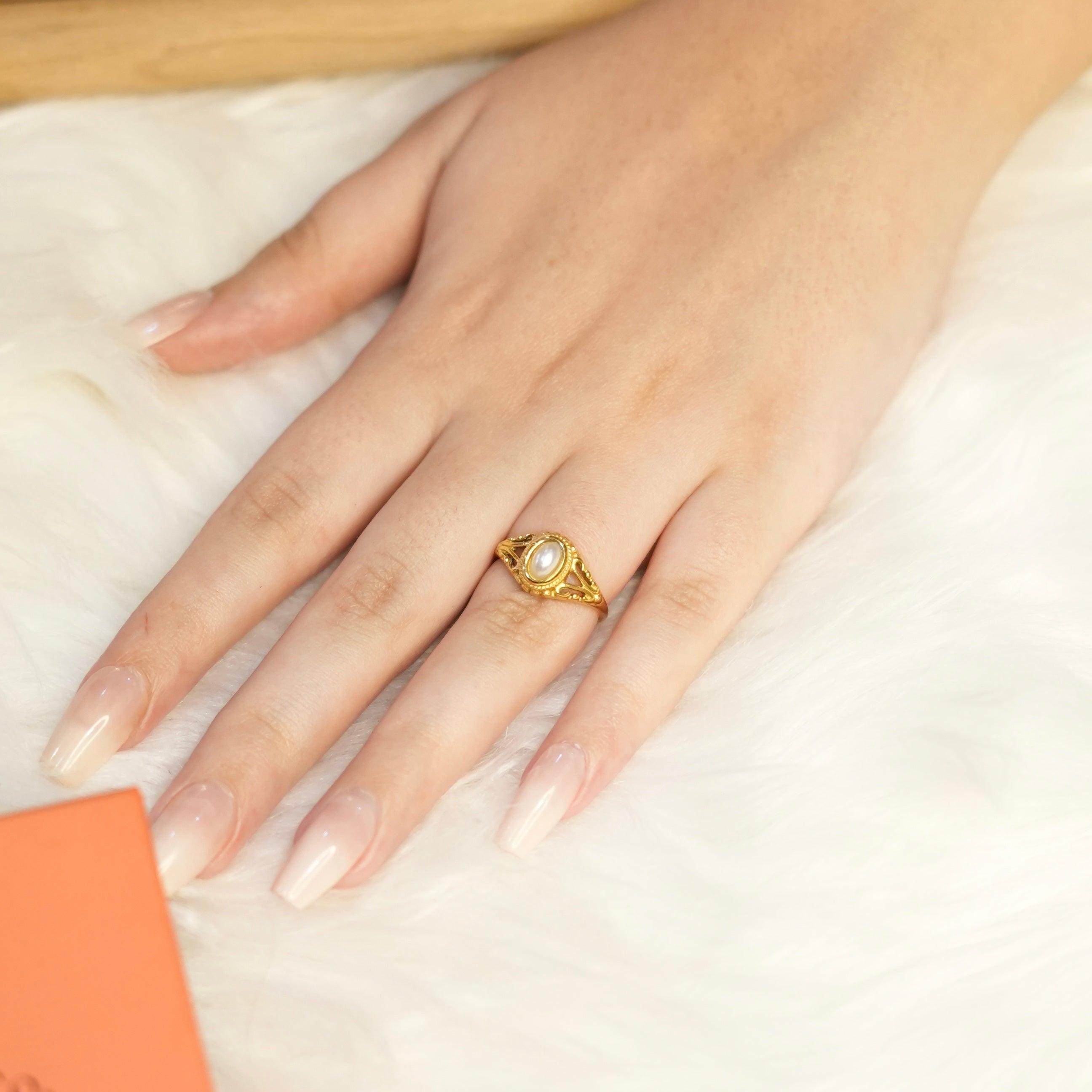 Wearing 18k Gold Plated Pearl Engagement Ring - Catherine. SHop at Mithra and Co.