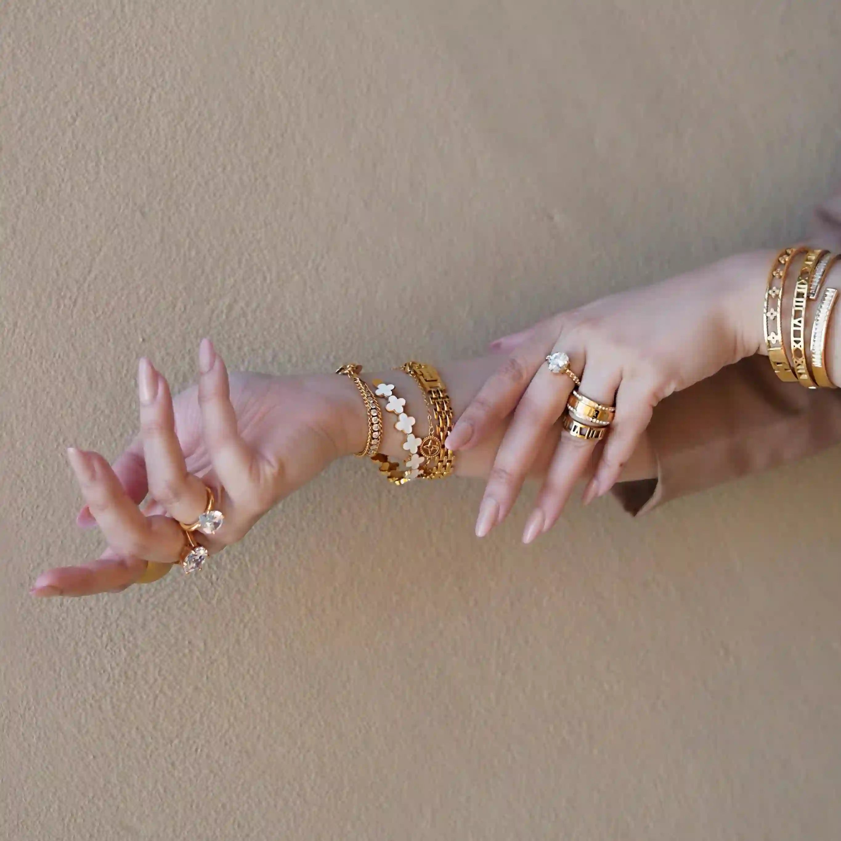 Girl wearing 18k Gold Plated Open Cuff Bracelet. Buy Now at Mithra and Co.