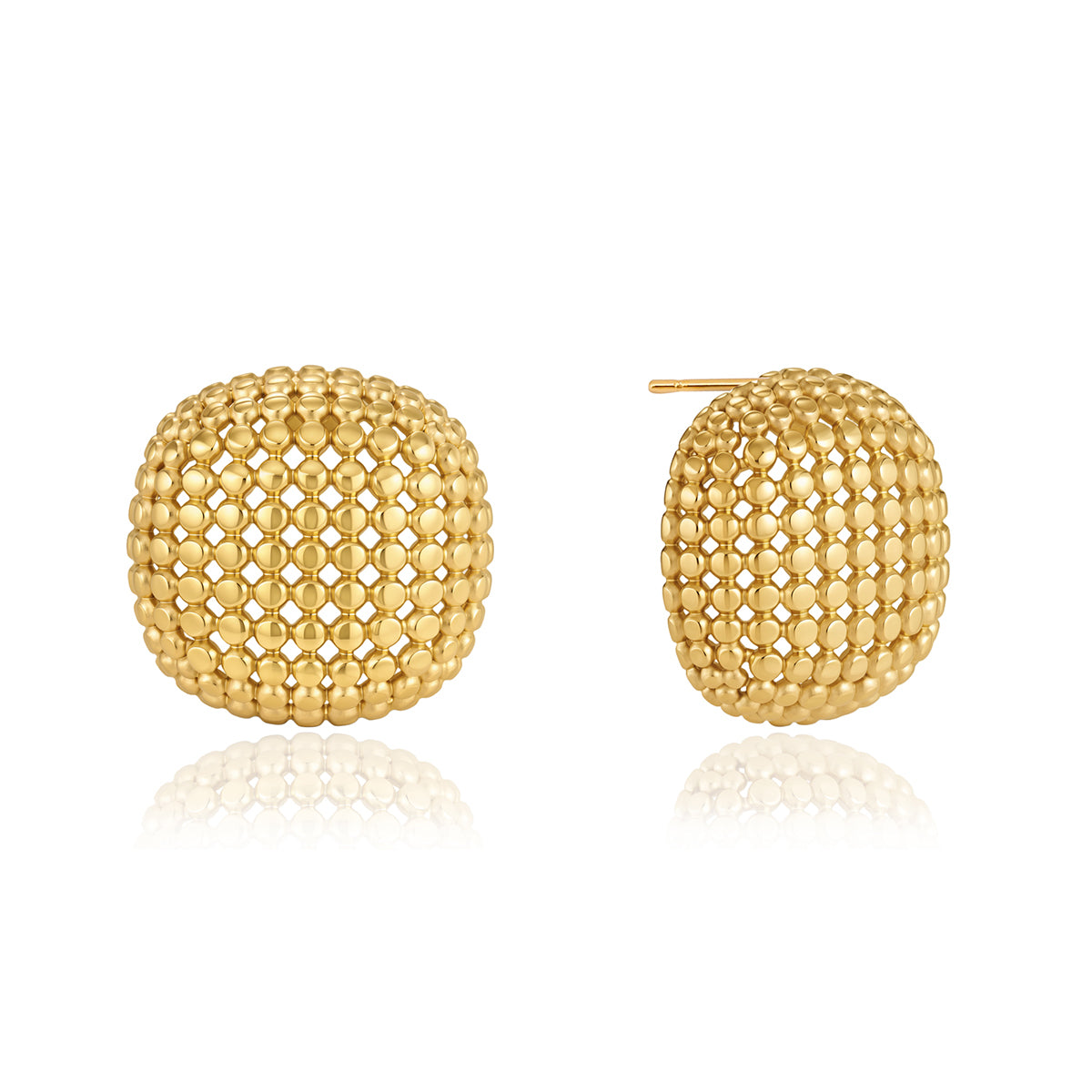 A pair of gold dome stud earrings with a textured, beaded surface, shown from the front and side on a white background with a soft reflection.