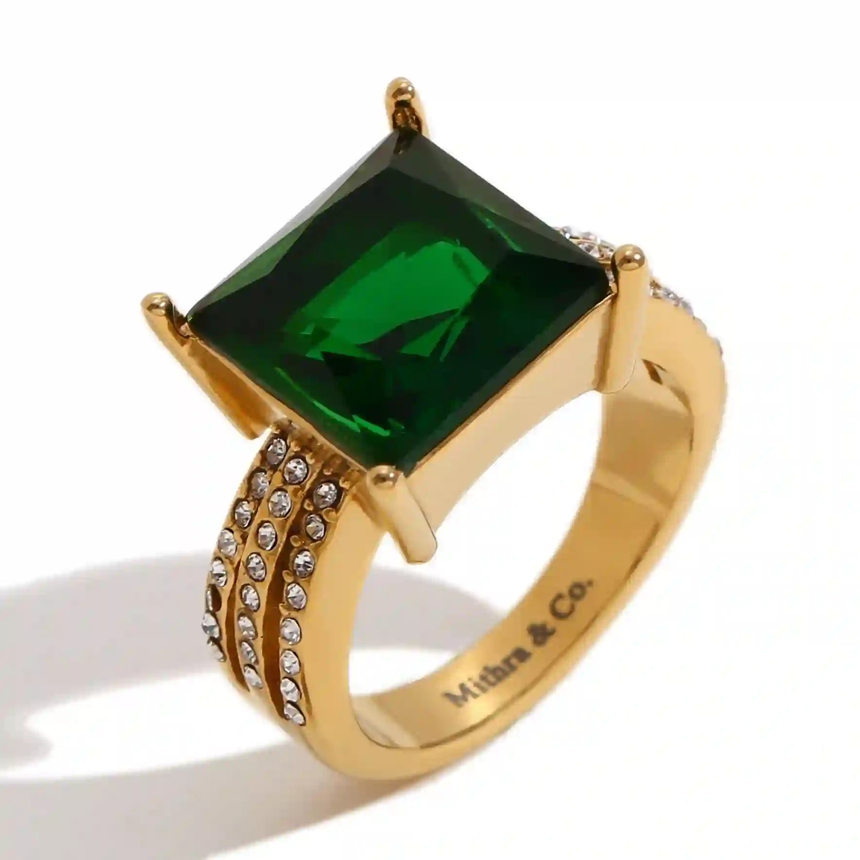 Shop Gold Square Engagement Ring - Aura. Featuring dot shaped zircons on the band.