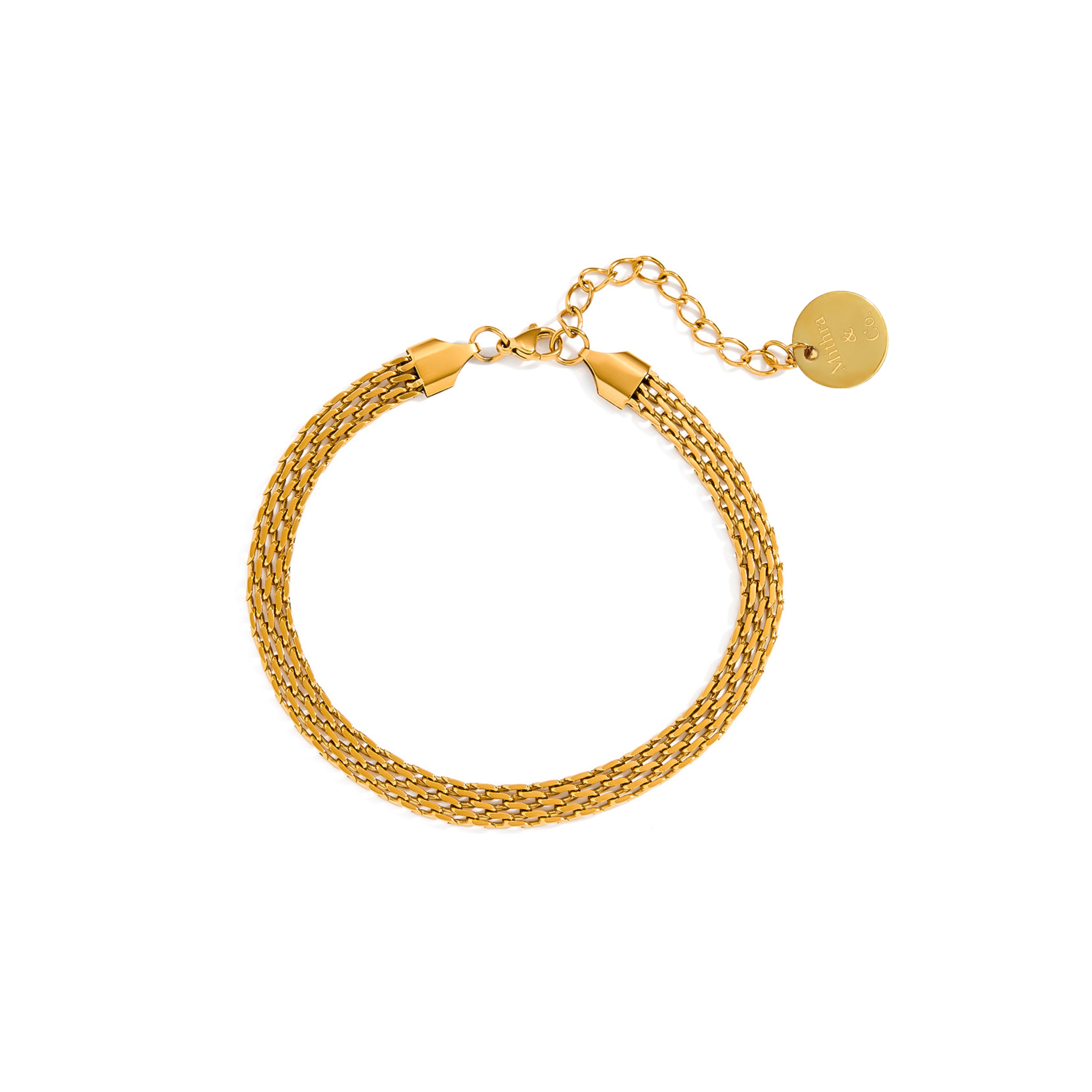Gold plated mesh style Rowena anklet on white background.