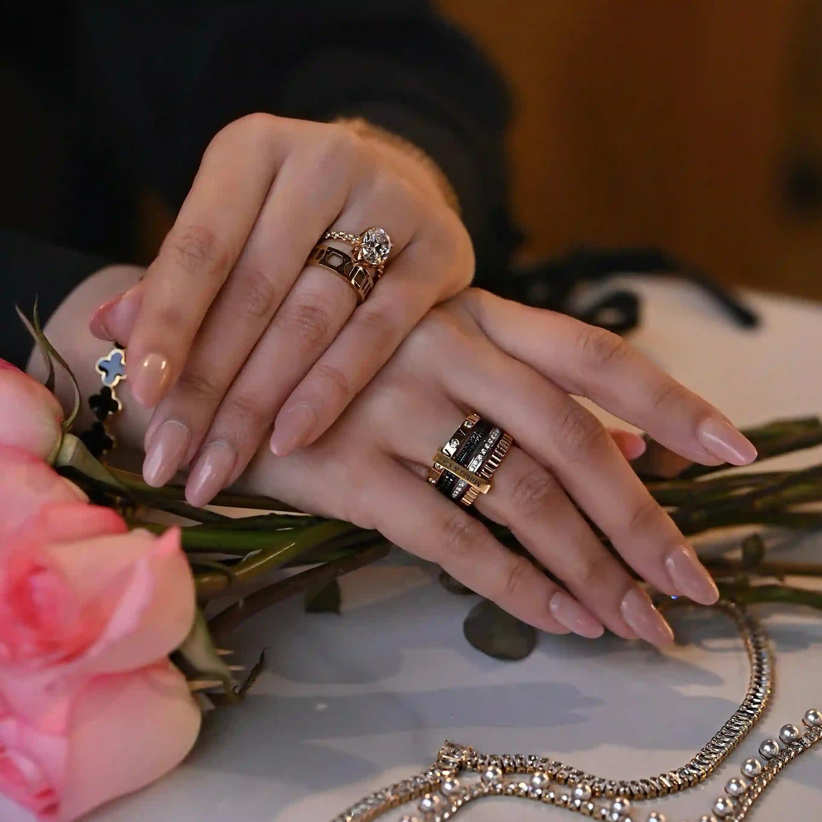 Girl wearing 18k Gold Plated Rings. Buy now at Mithra and Co.